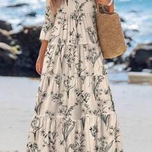 Casual Floral Pattern V-Neck Long Sleeve Pleated Dress For Women, Suitable For Autumn Blue And White Floral Dress Chic Dress,Vacation - Beis - Ver 4