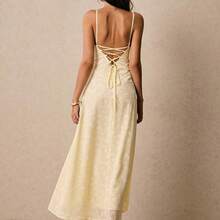 Women's Summer Jacquard Design Waisted Elegant Slip Midi Dress - Azul Marino - Ver 4