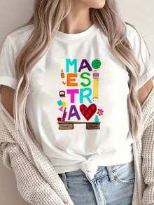Camiseta Con Estampado Gráfico, Top Casual De Manga Corta Y Cuello Redondo Para Primavera Y Verano, Ropa De Mujer, amantes de la moda, armario de verano, estampado juguetón, material transpirable, camiseta estampada, Camiseta de San Valentín para hombre y - Negro - Ver 2