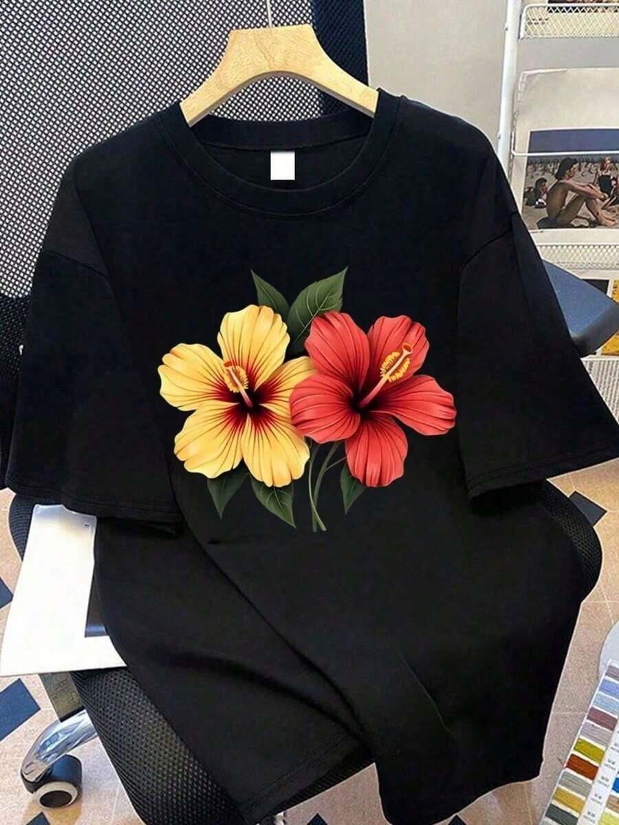 Breathable And Fashionable Plus-Size Casual Short-Sleeved T-Shirt With A Creative Print For Women, Suitable For Summer Vacations, Festivals, New Year's, Valentine's Day, Mother's Day, Graduation Season, Back To School, Graduation Ceremonies, Teacher's Day, Summer Family Gatherings, And Other Occasions. Suitable For Everyday Wear, Festivals, Beaches, Parties, School, Music Festivals, Vacations, Etc. Perfect For Summer Vacations, The Beach, Holidays, Spring, Valentine's Day, , And Other Special Occasions. Made Of Premium Cotton. - 黑色 - 查看 1