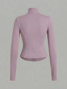 Chaqueta de manga larga de punto ajustada con protección solar para mujer en otoño/invierno, color albaricoque - Púrpura polvoriento - Ver 2