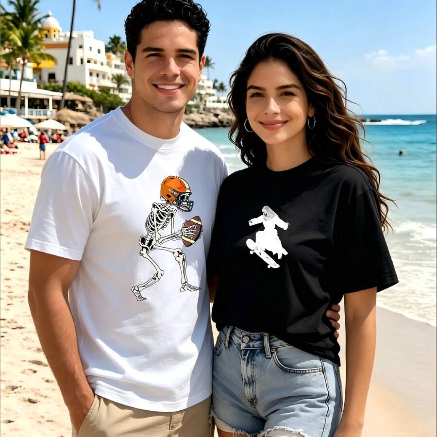 2-Piece Couple Matching Pattern T-Shirt, 100% Cotton, Loose Fit, Soft And Breathable, Casual Round Neck Short Sleeved Top Tiger Head And Unicorn Outline Versatile Patterns No Picky Combinations Coordinated Dating Casual Travel Simple And Cartoonish Printing Styles High Cost-Effectiveness Couple - 白色 - 查看 1