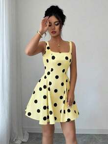 Vestido corto elegante negro con lunares de escote cuadrado - Amarillo claro - Ver 3