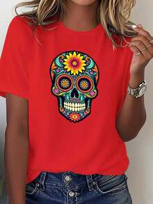 Comfortable Women's Lightweight T-Shirt With Mexican Skull Design - 100% Day Of The Dead Style, Featuring Bright And Colorful Floral And Sombrero Prints, Casual Crew Neck, Short Sleeves, Suitable For Theme Parties And Everyday Wear, Machine Washable, Geometric Pattern, Comfortable For All Seasons, Loose Fit, Skull And Flower Elements, Soft And Breathable Fabric, Popular Choice For Mexican Cultural Style, 100% Cotton. Loose And Versatile Women's Short Sleeve T-Shirt - 紅色的 - 查看 11