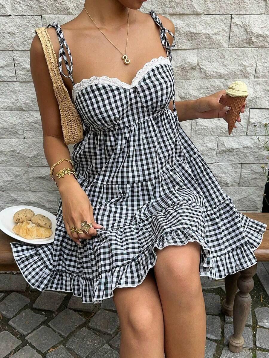 Vestido de mujer retro francés de cuadros rojos con tirantes finos, nuevo diseño de primavera temprana con encaje, versátil, dulce y elegante con capas - Negro - Ver 1