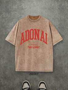 Retro Washed T-Shirt, Single-Sided Print (230 Pure Cotton T-Shirt) 'ADONAI MY LORD' Letter And Pattern Print, Men's T-Shirt, Casual Men's Shirt, Comfortable, Fashionable T-Shirt, Cotton Streetwear - 咖啡棕 - 查看 1