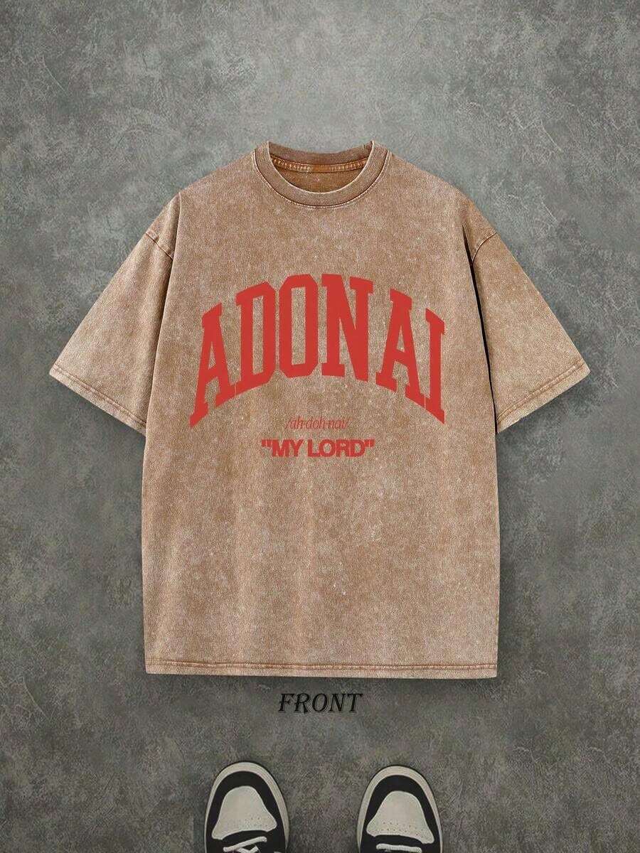 Retro Washed T-Shirt, Single-Sided Print (230 Pure Cotton T-Shirt) 'ADONAI MY LORD' Letter And Pattern Print, Men's T-Shirt, Casual Men's Shirt, Comfortable, Fashionable T-Shirt, Cotton Streetwear - 咖啡棕 - 查看 1