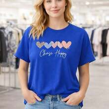 Camiseta de Algodón para Mujer, Tallas Grandes, M-5XL, Camiseta Básica con Estampado de Corazón en Oro Rosa, Manga Corta, Cuello Redondo, Estilo Casual, Corte Holgado, Moda de Verano, Ropa de Tallas Grandes para Uso Diario, Adecuada para primavera, verano y otoño. - Azul - Ver 1
