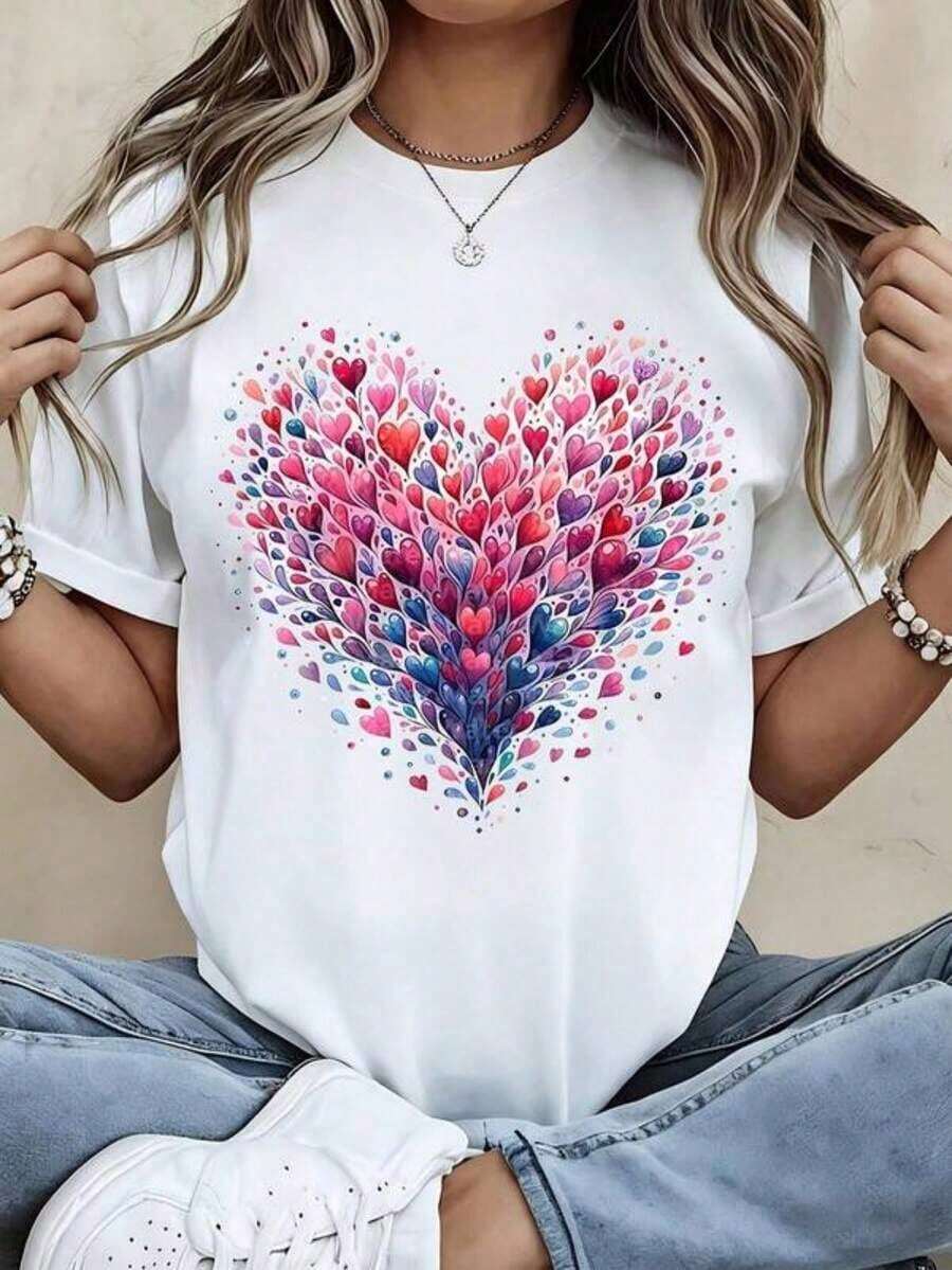 Camiseta con Estampado de Corazón para Mujer, Top Casual de Manga Corta, Diseño Romántico, Camiseta de Moda para el Día de San Valentín - Blanco - Ver 1
