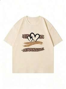 Women's Plus Size Oversized T-Shirt With Heart And Leopard Print - Chic Casual Clothing For Women, Women's Casual Graphic Print T-Shirt | Summer 2026 - 杏 - 查看 2