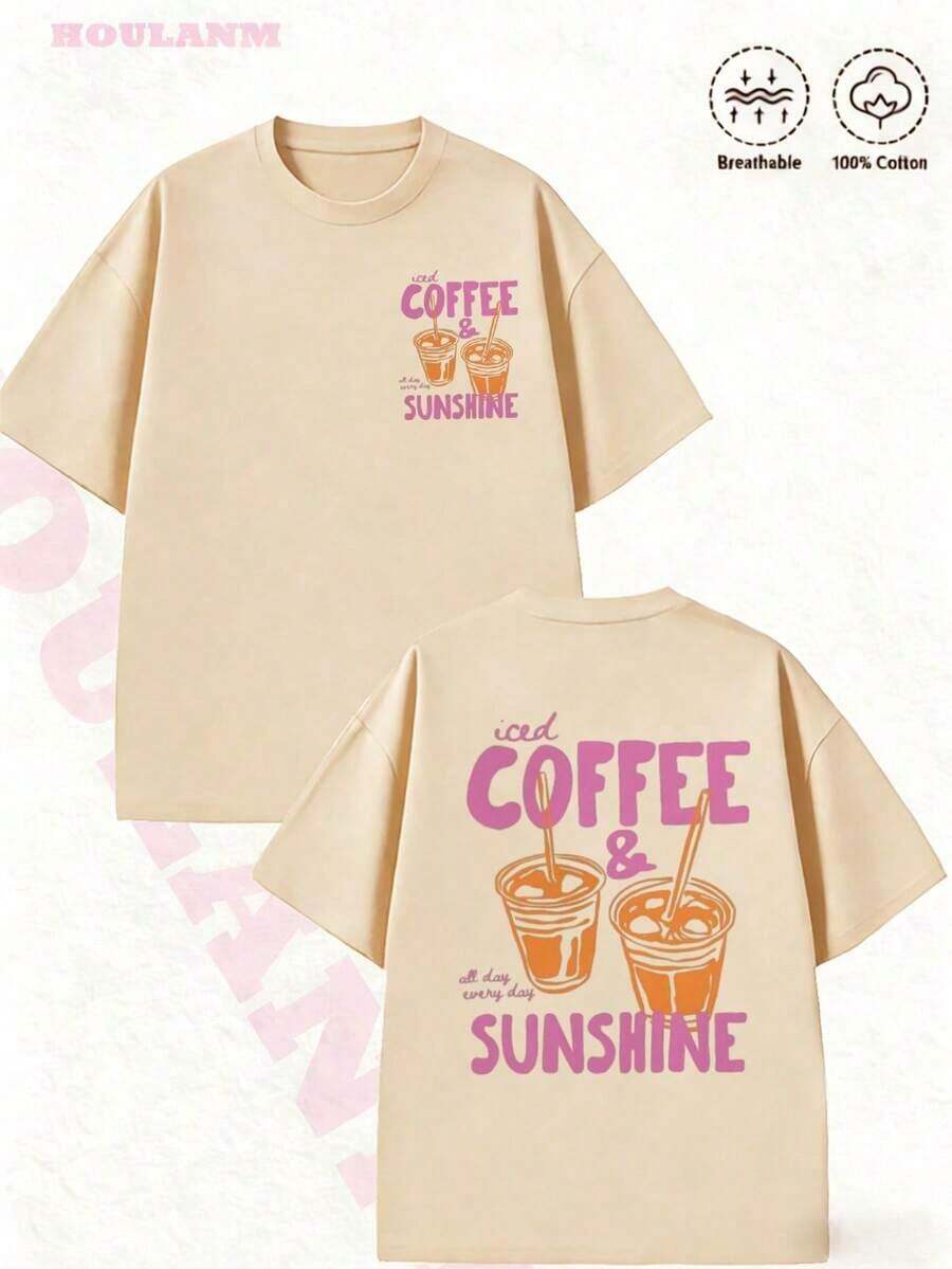 Nueva Llegada 2026: Camiseta con Estampado de Taza Naranja "Café Helado y Sol" | Ropa de Mujer, Corte Holgado, Tops de Verano, Estilo Primaveral, Camiseta de Estética Acogedora, Tela Suave y Transpirable, Moda 100% Algodón, Camiseta de Mujer para Uso Diario con Estampado Gráfico - Albaricoque - Ver 1