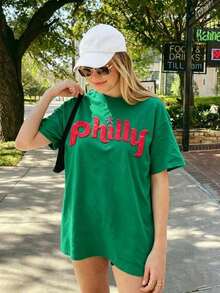 Premium Plus Size Vintage Philadelphia Baseball T-Shirt: Loose Fit, 100% Cotton, Women's Casual Short Sleeve Crew Neck Graphic Print T-Shirt,  Gift For Mother's Day Or Easter - 綠色 - 查看 7