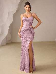 Vestido de noche con abertura alta en el muslo, con lentejuelas y diseño de patchwork, con espalda descubierta y silueta de sirena para mujer - Rosa - Ver 3