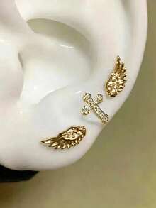 3pcs Delicate Fashionable Versatile Charming Rhinestone Cross Wing Stud Earrings, Suitable For Women's Daily, Festival, Party Wear - Cross Wings - View 3