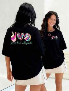 Mano de la paz corazón y voleibol con efecto tiedye vibrante camiseta para mujer 100% algodón que simboliza armonía pasión y deporte en un diseño moderno y femenino.Suitable for spring, summer and autumn - Negro - Ver 1
