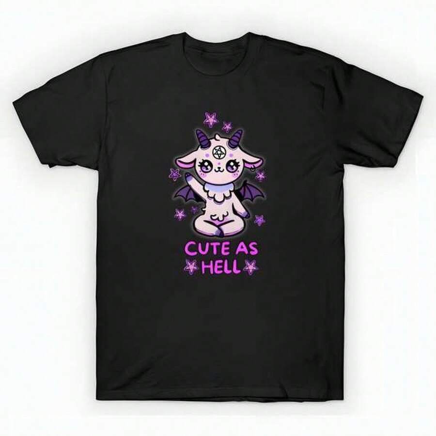 Cute As Hell - Kawaii Demon Baphomet T-Shirt unisex de la de algodón puro de alta densidad de 220 g. C-AmiS-eta uniS-ex 100 % aL-Godón de - Tejido de alta densidad. Apta para todo tipo de perS-onas, ya sean mujeres o hombres. Tejido duradero de alta C-Alidad apto para todas las estaciones, suave al tacto pero duradero. Tops transpirables. Conjuntos de otoño para mujer. Conjuntos de vaC-Aciones para mujer. Disfraz de Halloween para mujer. - Negro - Ver 1