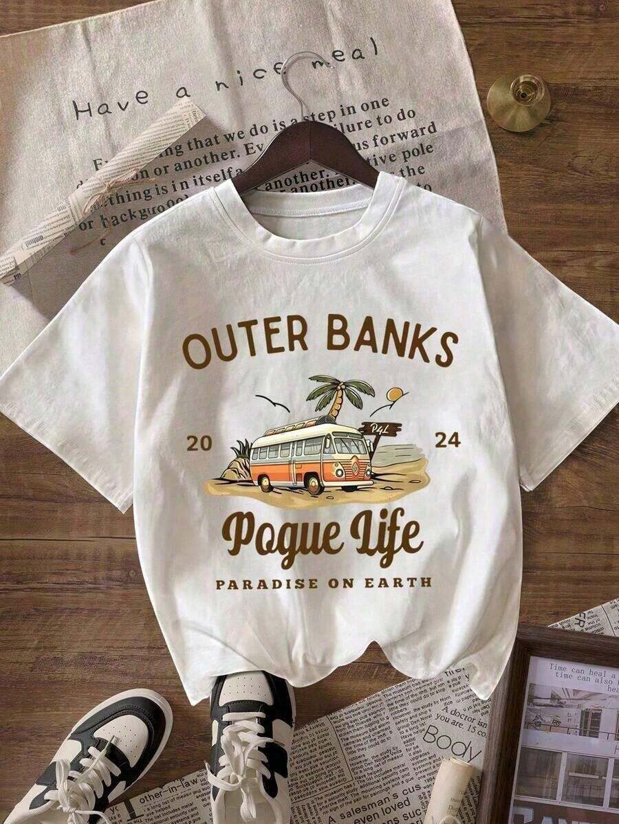 Camiseta de manga corta con cuello redondo y estampado de Spring Topser Bank, diseño sencillo, adecuada para uso diario, holgada y cómoda. - Blanco - Ver 1