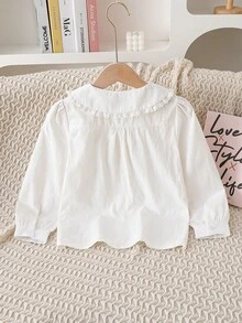 Girls' White Cotton Collared Long Sleeve Shirt, School Style, Autumn - White - View 2