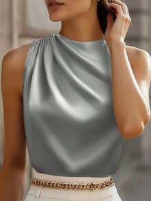 Blusa formal ajustada sin mangas con volantes en los hombros expuestos, color champán, adecuada para ir a la oficina, primavera y otoño-verano - Plateado - Ver 2