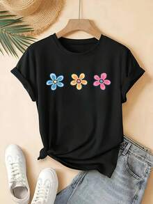 Camiseta Casual Esencial de Manga Corta para Mujer - 100% tejido de punto, baja elasticidad, estampado de tres flores, cómoda para todas las estaciones, lavable a máquina, algodón suave para uso diario en verano. - Negro - Ver 1