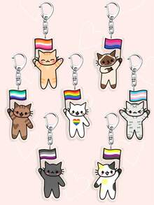 1/7件装 LGBT骄傲猫咪亚克力钥匙扣，可爱卡通猫咪手持骄傲旗帜，可作包包挂饰，包含彩虹旗、女同性恋、双性恋、跨性别者、非二元性别者、无性恋及进步骄傲旗帜，可爱汽车钥匙扣、挂绳及手机装饰，是送给男朋友、女朋友、派对礼物、毕业礼物、手机装饰的理想之选，也是骄傲月、LGBT朋友及盟友的完美礼物。 - 彩色 - 查看 1