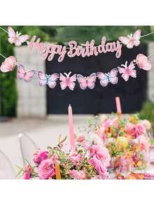 2pcs/Set Butterfly Birthday Pull Flags, Cartoon Pink Butterfly Birthday Banner With "Happy Birthday" Text, Suitable For Butterfly Themed Birthday Party Wall Decor, Perfect For Butterfly Style Party And Home Decor - Multiple Styles - View 6