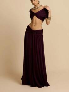 Conjunto vestido largo liso de verano estilo europeo, hombro al descubierto, escote bandeja y diseño con cintura al descubierto, estilo sensual y moderno. - Morado - Ver 1