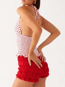 Women's Sexy Polka Dot Halter Top Backless Tie Back Vest Ruched Ruffle Hem Going Out Tops - 紅色 - 查看 3