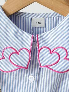 Girls' Long Sleeve Striped Shirt With Heart Embroidery, Autumn Top - Blue and White - View 5