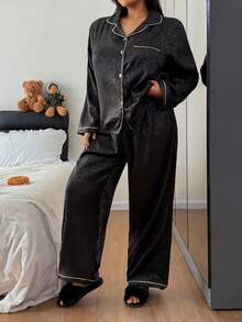 Plus Size Red Leopard Jacquard Long Sleeve & Pants Pajama Set - Black - View 3