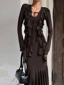 Women's Autumn Dress, European Style, Long Sleeve With Ruffles, Ties, Fitted Waist, Elegant And Modern Fashion - 棕色 - 查看 3