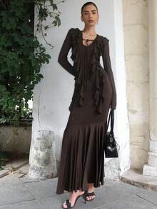 Women's Autumn Dress, European Style, Long Sleeve With Ruffles, Ties, Fitted Waist, Elegant And Modern Fashion - 棕色 - 查看 12