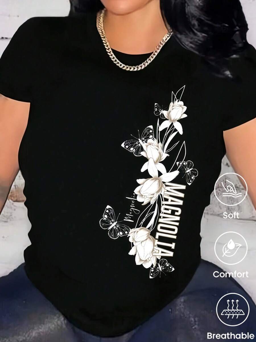 180g Made In Mexico, Spring/Summer 2026 Fashion Short Sleeve T-Shirt, Cartoon Print, Couple Style, Underwear/Outerwear, Casual Round Neck For Office, Unisex One Piece Top - 黑色 - 查看 1
