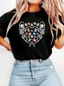 Women's Cotton Short Sleeve T-Shirt With Round Neck And Easter Bunny Print, % Cotton Women's Blouses Shirt - 黑色 - 查看 8
