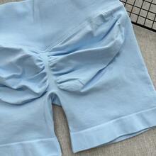 Pantalones cortos de yoga sin costuras de cintura alta para mujer - Levantamiento de glúteos elástico, adecuado para correr, fitness y actividades al aire libre| Apariencia de moda| Tela elástica de verano - Celeste - Ver 4