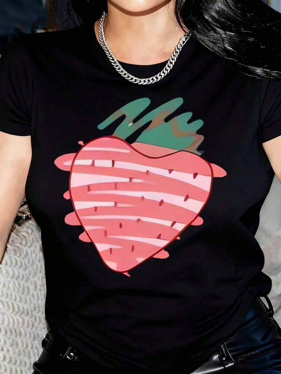 New Arrivals For Summer.Women'S Casual Crew Neck T-Shirt With Cartoon Strawberry Print, Short Sleeve, Slight Stretch Fabric, All-Season Top, Ladies T ShirtsBlouse,Shirt > Beautiful. - 黑色 - 查看 1