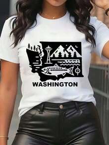 New Arrivals For Summer. Women's T-Shirt With A Print Of The Washington State Map, The Space Needle, Mountains, Fish, And Trees. Round Neck, Casual Everyday Wear, Soft And Comfortable, Perfect For Vacations. - 白色 - 查看 7