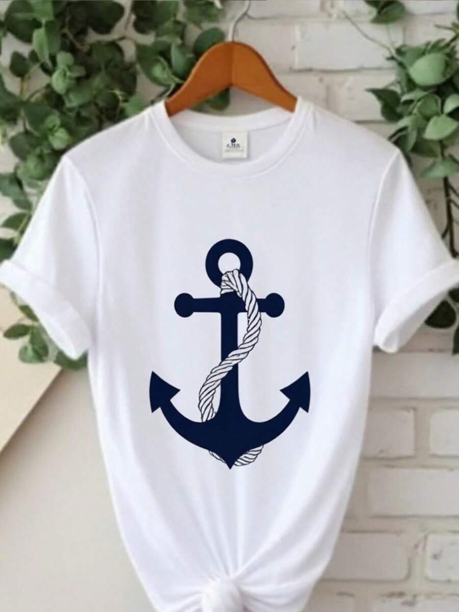 Women's White Anchor Print T-Shirt - Short Sleeve Blouse With Round Neck And Soft Stretch Fabric - Compatible Top | Machine Washable Casual Wear, Suitable For Spring, Summer And Autumn Outfits, Comfortable And Eye-Catching T-Shirt, Holiday Gift. - 白色 - 查看 1