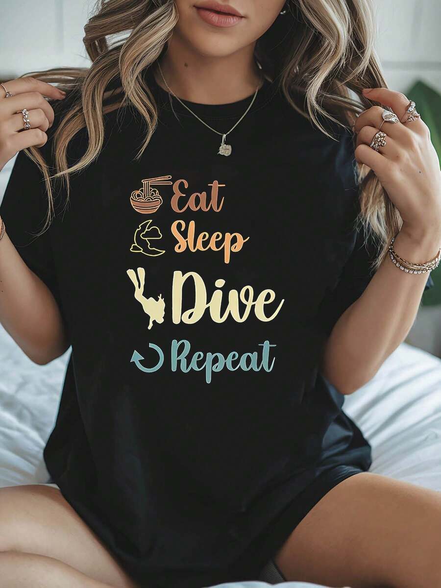 Exclusive Clothing For Diving Enthusiasts: Women's Plus-Size Spring/Summer T-Shirt With "Eat Sleep Dive Repeat" Print, Crew Neck, And Casual Style. Suitable For Lively Outings, Outdoor Activities, Daily Commutes, Versatile And Stylish Clothing. - 黑色 - 查看 1