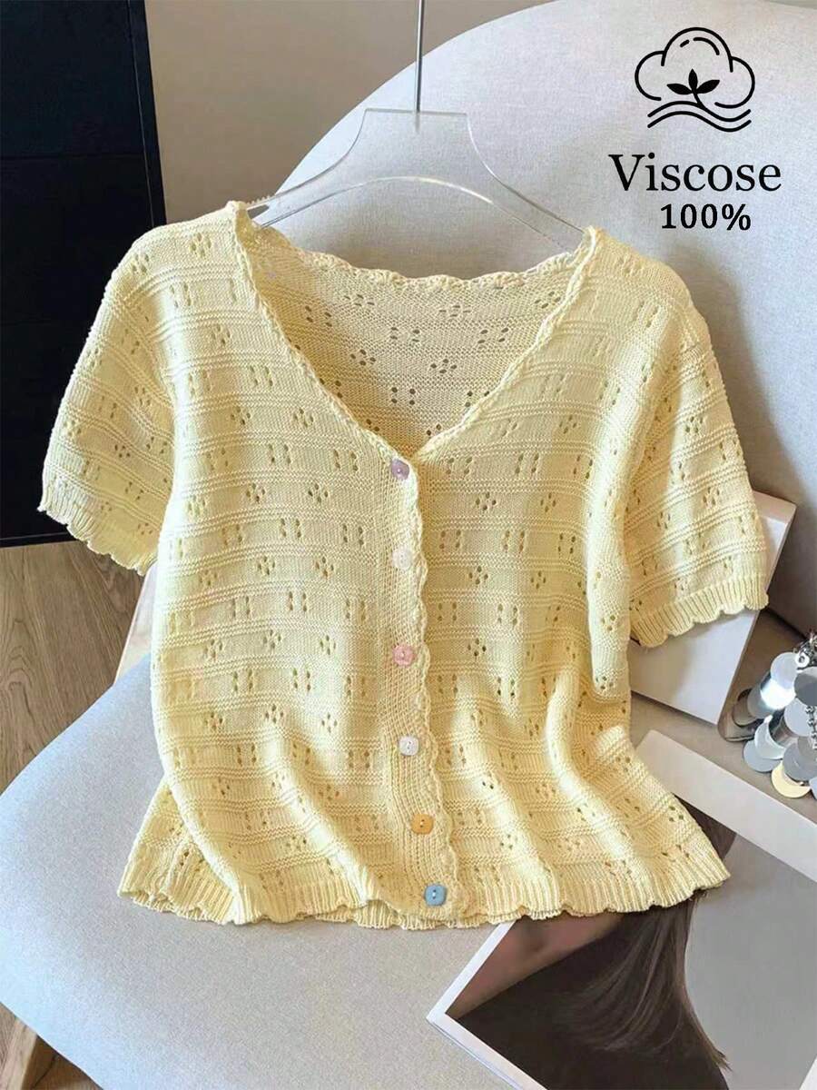 新款女夏季上衣,時尚休閒復古優雅甜美鏤空紋理V領薄款多彩鈕扣設計鉤編針織開襟衫,適合學院風、日常通勤、辦公室、休閒、約會、派對、街頭時尚穿搭 - 黃色 - 查看 1