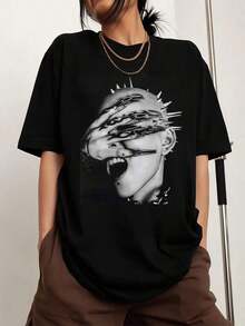 2026  Casual Women Crew Neck Tee, X-G Gala Cocona Music Inspired Art Graphic Print Short Sleeve T-Shirt, Soft Relaxed Fit Streetwear Summer Daily Fashion Tops - Black - View 9