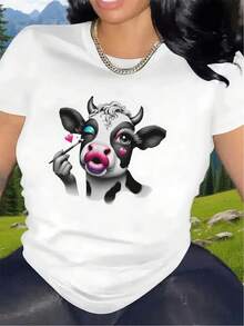 Short-Sleeved T-Shirt With Cow Print | Durable And Comfortable, For Restaurant Or Living Room, Soft Fabric, Stylish And Lightweight Top For Everyday Wear, Round Neck, Medium Stretch Fabric, Printed Pattern - 白色 - 查看 6