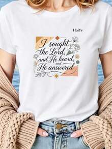 Women's Casual White T-Shirt With Inspirational Quote Print "I Sought The Lord And He Answered Me," Short-Sleeved Top With Geometric Floral Print, Boho Style For Everyday Wear. Limited Time Offer, Limited Quantity Available, Lightning Bolt, Women's Shirts, Women's T-Shirts - 白色 - 查看 2