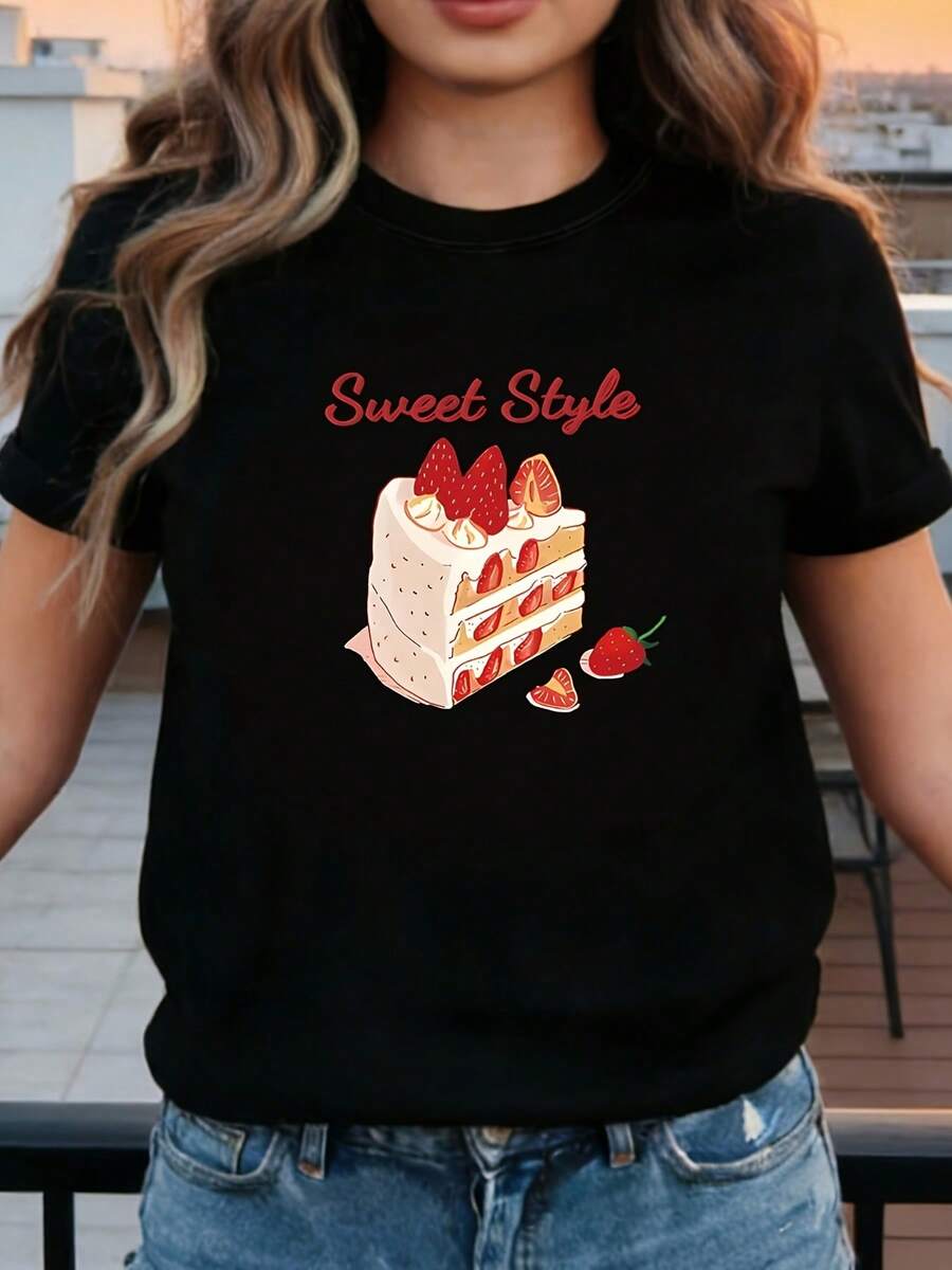 Strawberry Cream Pie Print T-Shirt - Soft Crew Neck Short Sleeve T-Shirt - Pairs Well With Basic Tops, Suitable For Layering, Everyday Casual Wear, Spring, Summer, And Fall Clothing, Machine Washable. B4RN - 黑色 - 查看 1
