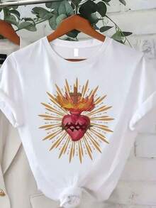 Women's White Short Sleeve T-Shirt With Sacred Heart Print, Soft And Micro-Elastic Round Neck, Casual Design, Cool And Breathable, Attractive Personality, Urban Bohemian Retro Style, Blouse For Modern And Daring Girls, Ideal For Comfortable And Relaxed Daily Wear. - 白色 - 查看 8