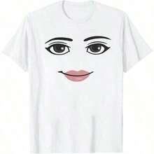 Anime Robot Face Print T-Shirts, Funny T-Shirts, Graphic Tees, 180g, Loose Fit, Crew Neck, Short Sleeve, Lightweight, Women's Clothing, Harajuku T-Shirts, Summer Tops - 白色 2 - 查看 3