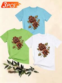 Women's T-Shirts, Women's T-Shirts, Casual One-Piece T-Shirt With Rose Hat Print Design, Comfortable And Breathable Top For Everyday Wear. - 1件黑色隨機圖案 - 查看 6