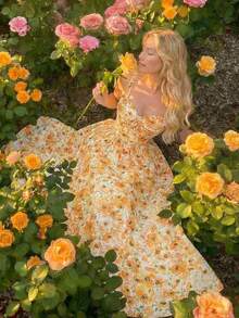 Vestido de mujer con estampado floral romántico francés de tirantes finos hasta la pantorrilla, vestido de San Valentín, vestidos de verano para mujer, ropa bohemia para mujer, vestido con estampado floral, vestido de San Valentín - Amarillo - Ver 7
