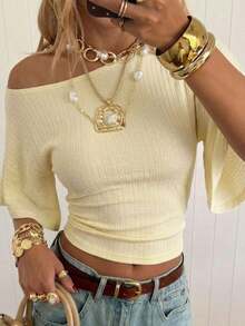 Camiseta corta de punto color albaricoque con mangas cortas estilo batwing para mujer de - Amarillo 2 - Ver 12