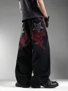 Men's Y2K Vintage Streetwear Jeans, Loose Wide Leg, Ripped Design, Back Pocket Embroidery, Fashion & Comfortable (Belt And Accessories Not Included) - Black - View 1